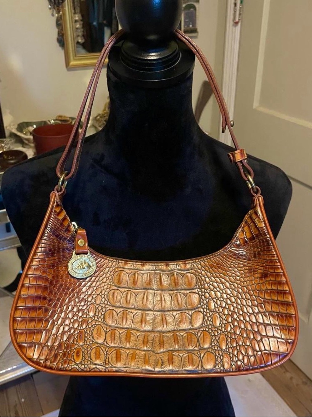 Brahmin Croc-Embossed Shoulder Bag in Caramel